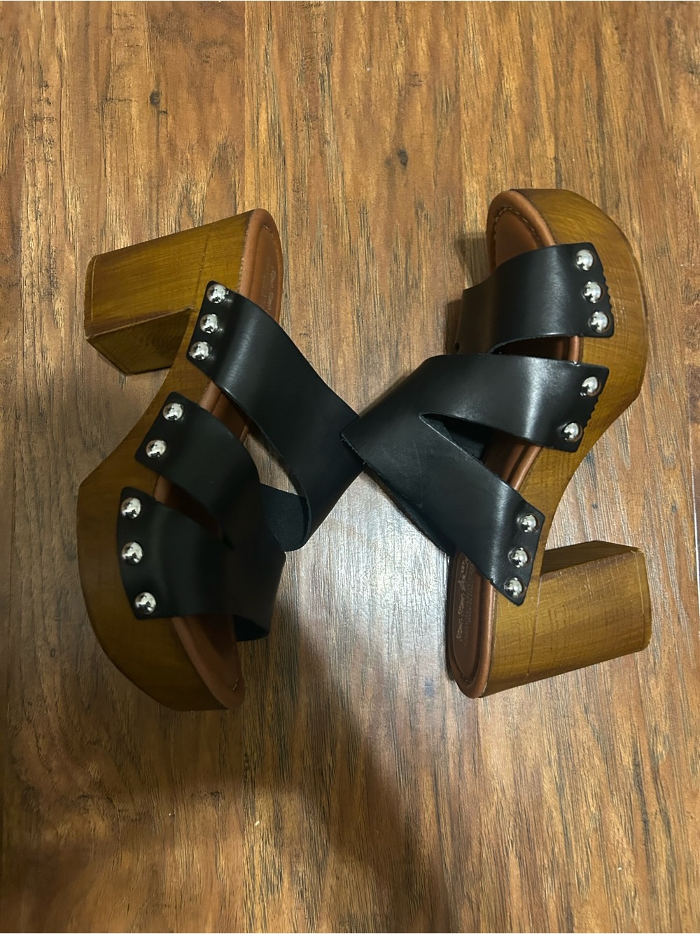 Black Leather Silver Studded Wood Platform Mules Slide-On Hippie Y2K Boho 90s - Picture 15 of 16